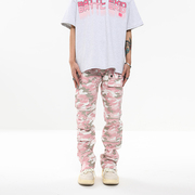 BTSG美式复古迷彩粉多口袋拉链机能工装裤男女高街vibe堆积感长裤