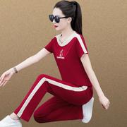 品牌夏季运动套装女棉2024红色，减龄短袖时髦拼色两件套0117n
