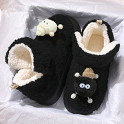 黑煤球棉拖鞋女士2023冬季室内家居防滑可爱高包跟毛毛绒棉鞋