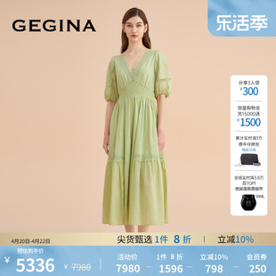 gegina吉吉娜早春真丝蕾丝，拼接连衣裙女士长款v领收腰a字裙子