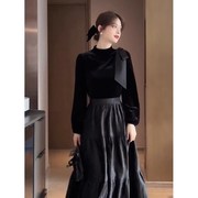 欧洲站2023秋冬法式小黑裙高级感礼服宴会黑色丝绒拼接洋装