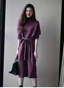 法式紫罗兰羊毛连衣裙2024春秋，气质温柔风修身针织高领打底裙