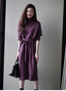 法式紫罗兰羊毛连衣裙2024春秋气质温柔风修身针织高领打底裙