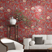 红色新中式壁纸古典田园花鸟墙纸客厅沙发电视背景无纺布美式大花
