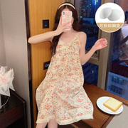 夏季小清新碎花吊带睡裙，女蕾丝花边v领带，胸垫甜美中长款家居服