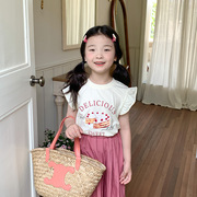 2023夏季童装女童韩版背心短袖T恤儿童甜美花边小飞袖公主上衣