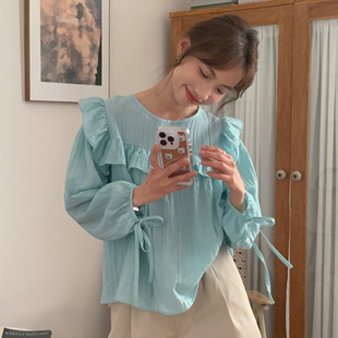 韩国chic夏季法式甜美圆领，拼接荷叶边后背系带，宽松泡泡袖衬衫女