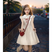 红丝带蕾丝花边娃娃，领连衣裙短袖2024夏季白色初恋风裙