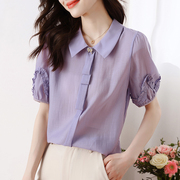 法式紫色雪纺衬衫女士夏季2023年设计感短袖衬衣时尚洋气小衫