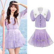 程潇明星同款紫色格子套装女设计感小众甜美短袖衬衫半身裙两件套