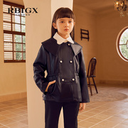 rbigx瑞比克童装秋季设计感收腰外套女童大方领双排扣皮衣