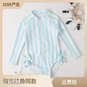 韩版儿童泳衣连体拉链蓝白条可爱蝴蝶结泡泡布中小女童游泳衣