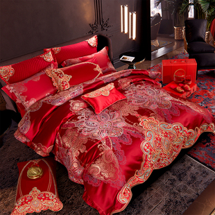 结婚四件套欧式大红婚庆，床上用品高档奢华刺绣被套，新婚喜被十件套