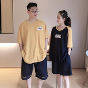 加大码情侣睡衣纯棉男休闲薄款短袖，200斤女家居服套装可外穿出门