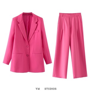 欧美女装欧美风高级感直筒女士西装休闲外套+荧光粉西裤两件套