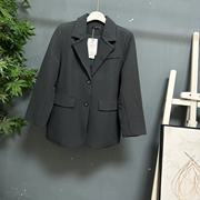 欧美原单赫本风秋冬纯色西装领带盖双口袋精致扣长袖西装外套1125