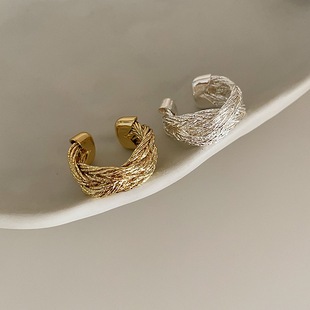 欧美复古金属镀金编织个性简约冷淡风气质，缠绕麻花宽版开口戒指