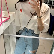 韩国2022夏季高腰短款修身上衣女棉质白色爱心贴布T恤短袖潮