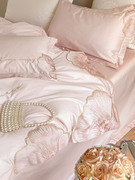 公主风100支匹马棉，全棉四件套花卉，粉色刺绣纯棉被套床单床上用品