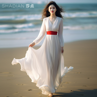 白色连衣裙2024春季大摆裙，长袖长裙长款到脚踝，海边度假沙滩裙