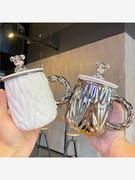 现代简约银白小熊陶瓷杯带盖带勺办公室咖啡，马克杯轻奢高颜值水杯