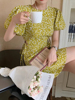 韩国chic夏季复古小众圆领镂空腰，系带设计泡泡，袖碎花连衣裙短裙女