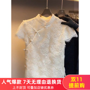 新中式衬衫女2023夏季高端蕾丝刺绣立领衬衣短袖盘扣国风上衣