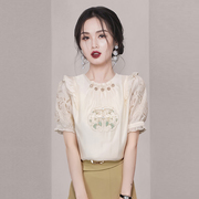 新中式改良国风钉珠刺绣衬衫，2024夏季别致洋气，时尚漂亮雪纺衫