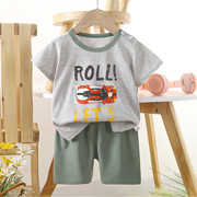 儿童短袖套装夏季纯棉男童小汽车，赛车工程车上衣服男宝宝t恤童装