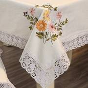 刺绣餐桌布台布棉麻绣花长方形白色蕾丝茶几布艺盖巾欧式田园客厅