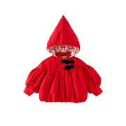 女宝宝外套冬季夹棉儿童衣服，女童外出棉服，连帽棉袄红色年服