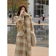 N1N1YES韩式复古格子西装领毛呢外套女春季双排扣长款气质大衣潮