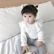 春秋季女婴童纯棉上衣韩版女宝宝，纯色娃娃领长袖t恤打底衫