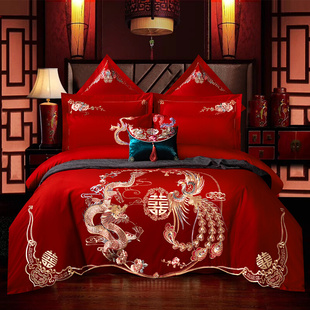 新婚庆(新婚庆)磨毛，四件套大红色刺绣结婚龙凤，六八十件套婚礼婚房床上用品