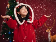 新年毛毛领(毛毛领)呢大衣女童，韩国加厚带帽红色大衣洋气中长款拜年外套冬