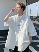 新中式亚麻短袖衬衫男款，夏季国风设计感金属，盘扣上衣大码宽松衬衣