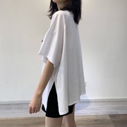 白色下摆开叉短袖t恤女2021韩版韩版宽松ins不规则中长款上衣