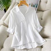 白衬衫女中袖v领心机设计感小众上衣韩版纯棉衬衣