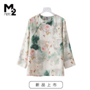 M22024春夏宽松大码中年妈妈汉服新中式国风中袖衬衣亚麻上衣
