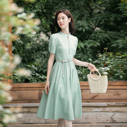 纻衣夏季绿色条纹连衣裙，女气质2023女装收腰显瘦淑女文艺裙子