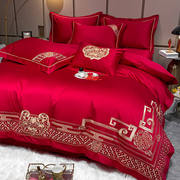 高档中式刺绣婚庆四件套大红色全棉，床单被套结婚床上用品六件套新
