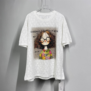 2024夏韩国可爱女孩蕾丝烫钻小心机设计感宽松短袖T恤上衣女