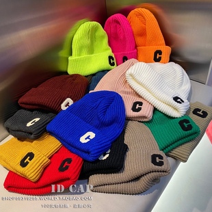 韩国进口秋冬新ins潮同款字母，c时尚荧光绿针织毛线帽保暖护耳