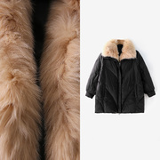 VK冬季狐狸毛条白鹅绒中长款羽绒服外套女宽松加厚保暖大毛领上衣