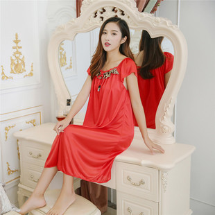 大红色系列夏季短袖冰丝绸睡裙中长款胖MM女士连衣裙200斤雪纺4XL