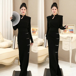新中式复古气质女神范套装(范套装)秋季黑色，高级感时尚上衣半裙女装两件套