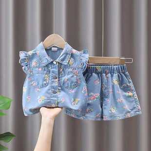 女童夏洋气时髦仿牛仔套装2025新款女宝宝韩版短裤薄款夏季两件套