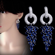 大气蓝色宝石长款耳环耳坠，水晶钻锆石新娘婚纱，耳饰夸张气质高级感