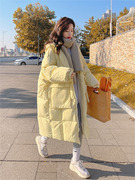 奶黄色羽绒棉服，女冬中长款过膝2022棉衣韩版宽松面包服大棉袄