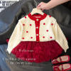 法国女童tutu裙套装春秋，款儿童针织，开衫半身裙洋气红色毛衣两件套